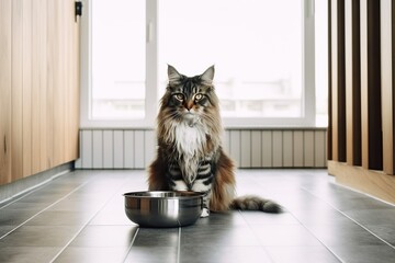 Maine Coon cat in front of a bowl full of granules on the floor of the perfect bright modern kitchen.