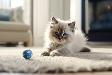 Ragdoll kitten is playing with toys and balls in a bright living room of a cozy apartment. - obrazy, fototapety, plakaty