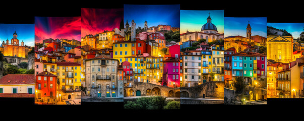 Enchanting Portuguese collage displays varied landscapes, lively architecture, and vivid culture in a dynamic mosaic. Perfect for tourism advertising. Generative AI