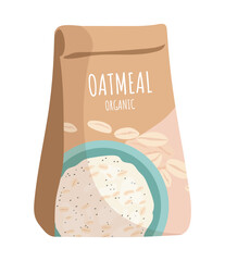 Oatmeal milk porridge in package concept. Proper nutrition, vegetarian diet and healthy eating. Sticker for social media and messengers. Cartoon flat vector illustration isolated on white background