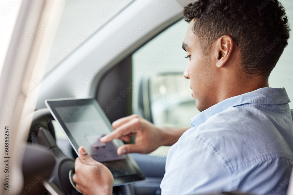 Poster tablet, navigation and a man driving a car while searching online for directions to a location as a 