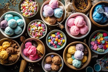 Flat lay, top view background of various flavors of ice cream in pastel colors. AI generated.