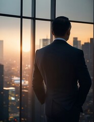 A businessman in a tailored suit looking out of a high-rise office window onto the city