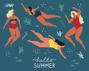 Summertime cute background with swim in the sea or ocean body positive women. Underwater swimming. Design for poster, banner, card etc. Hand drawn lettering. Vector illustration
