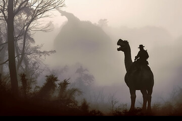 Soldier on a dinosaur, foggy area, silhouette. AI generative