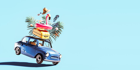 Blue retro car with luggage and summer accessories on blue background with copy space. Summer travel concept. 3D Rendering, 3D Illustration