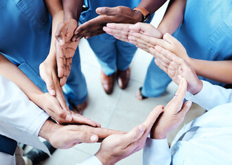 Circle, connection and nurses hands together in healthcare workflow, group support and team...