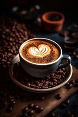 A cup of Cappuccino, close of view, seamless coffee beans background, overhead angle