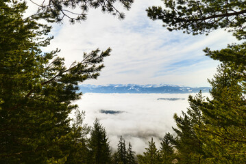 View from Cerenova skala (rock) in West Tatras  in Liptov. Near Liptovsky Mikulas city in foggy weather. Spring time, cloudy weather, Slovakia. Green forest. Village in the fog.