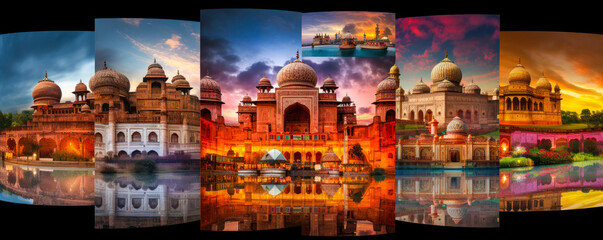 Stunning collage showcasing India's architectural, landscape, and cultural diversity with vibrant colors and dynamic overlays; a mesmerizing visual journey. Generative AI