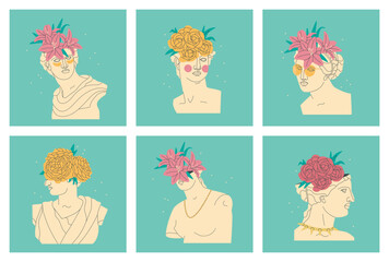 Set of illustrations with antique statues in a modern decorative style. Greek sculptures with flowers on their heads.