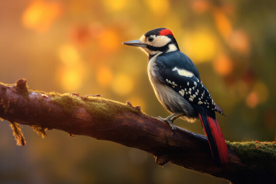 ein Buntspecht, der an einem sonnigen Tag stolz auf einem Ast sitzt, a great spotted woodpecker sitting proudly on a tree branch on a sunny day,