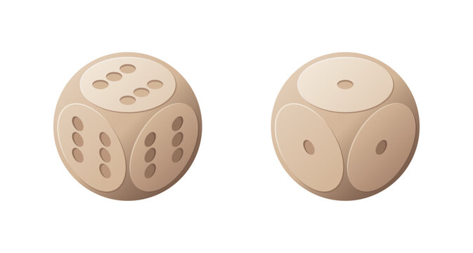 Set of lucky and unlucky wooden game dice with round corners. Vector casino clipart. Transparent background. PNG.