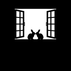 Rabbit or Bunny on the Window Silhouette, for Background, Poster, Art Illustration, or Graphic Design Element. Vector Illustration