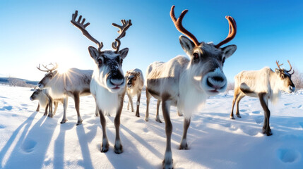 A herd of reindeer traverse a snowy field under a crisp blue winter sky, their breath fogging up in the freezing air. Generative AI