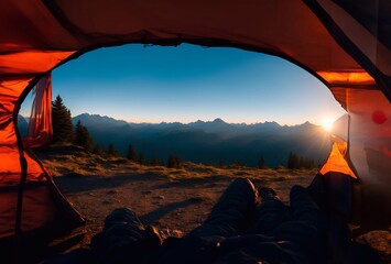 mountain camping tent Cinematic daylight generative ai illustration