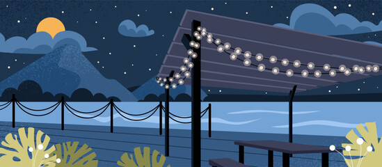 Summer night landscape vector concept. Beautiful promenade with lanterns and rooftops. Holidays in tropical and exotic countries. Outdoor cafe at beach, gazebo. Cartoon flat illustration © Mental Health
