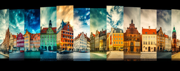 Captivating mosaic showcasing Denmark's diverse landscapes, architecture, and culture with vivid colors and dynamic overlays - an emotion-stirring visual journey. Generative AI