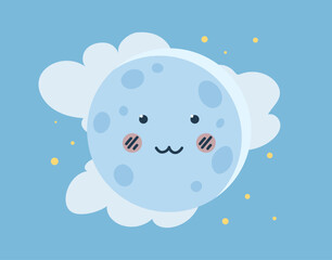 Cute moon with stars concept. Charming and adorable character for children in clouds. Imagination and fantasy, fairy tale. Symbol of night time and dreams. Cartoon flat vector illustration