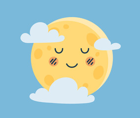 Cute sun with clouds concept. Charming character in sky smiles. Design element for greeting postcard. Baby shower, fairy tale. Imagination, fantasy and dreams. Cartoon flat vector illustration