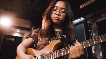 Obraz premium Young Asian Teen With Glasses Playing Electric Guitar Close Up Generative AI Photo