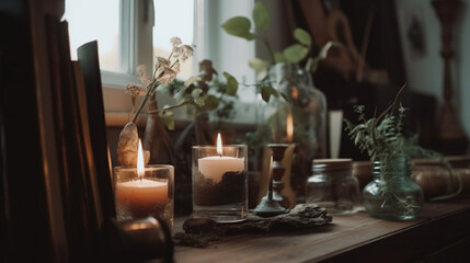 Fototapeta premium Cozy Relics and Candles on Table Top Keepsakes Generative AI Photo