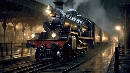Plakat Classic elegance: Images depict old-fashioned steam trains or vintage locomotives, evoking a sense of nostalgia and timeless charm. Generative AI