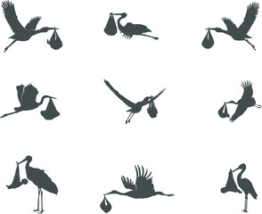 Stork carrying baby silhouette, Flying stork carrying baby silhouette, Stork baby delivery silhouette.