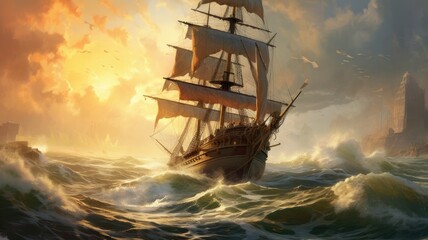 Obraz premium Maritime history: Pictures depict historical ships or lighthouses, symbolizing the rich heritage and stories associated with maritime journeys. Generative AI