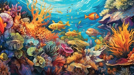 Fototapeta na wymiar Marine life: Illustrations capture the diverse and colorful underwater world, featuring marine creatures such as fish, dolphins, and coral reefs. Generatve AI