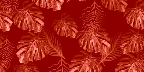  Coral Tropical Leaves Sketch. Passion Jungle Leaves Watercolor. Fashion Palm Trees Wallpaper. Purple Tropical Flowers Brazilian. Pink Leaf Abstract Background. © Alina