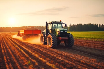 Obraz premium Tractor cultivating field at spring, plowing or harrowing soil. Generative AI