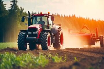 Obraz premium Tractor cultivating field at spring, plowing or harrowing soil. Generative AI