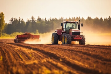 Fototapeta premium Tractor cultivating field at spring, plowing or harrowing soil. Generative AI