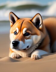 Beach Adventure with an Adorable Shiba Puppy, Capturing Playful Moments in the Sun