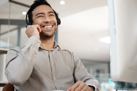 Businessman, Call Center And Smile With Headphones For Customer Service, Support Or Telemarketing At Office. Happy Man, Consultant Or Agent Smiling For Online Advice, Telesales Or Help At Workplace