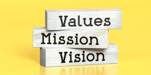 Values, mission, vision - words on wooden blocks - 3D illustration