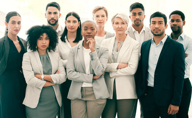 Teamwork, arms crossed and portrait of business people in office for professional, support and...