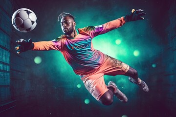 Fototapeta na wymiar Goalkeeper Defending Soccer Ball - Teal Background Action Photo with Lens Flare, Artistic, Generative AI