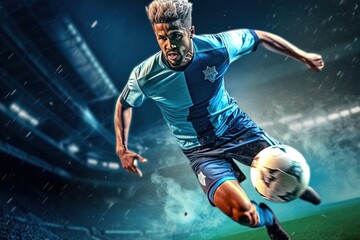 Fototapeta na wymiar Soccer Player Dribbling Soccer Ball | Crisp Detailed 3D Render, Sky Blue Hair, Generative AI