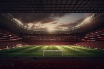 Fototapeta na wymiar Breathtaking Soccer Stadium Illustration with Red Seats and Green Field