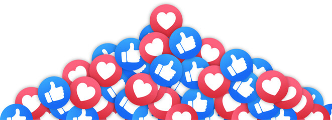 pile of hearts likes and thumbs up sticker icons on transparent background vector. social media like and love logo emoticon in blue and red with 3d effect for wallpaper, poster, banner and website.