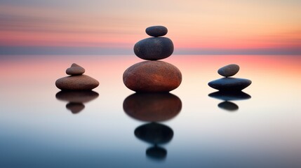 Balanced zen stones on top of still water made with AI generative technology