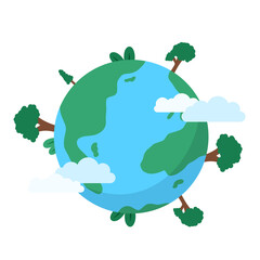 green planet earth with grass flat illustration transparent background