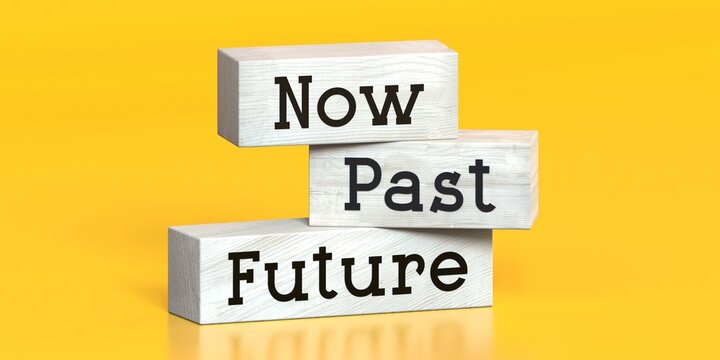 Now, past, future - words on wooden blocks - 3D illustration