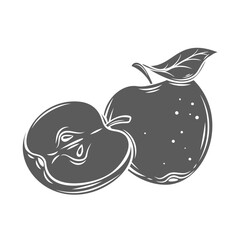 Apples glyph icon vector illustration. Stamp of whole ripe fruit with leaf and apple cut into half with core and stem, raw dessert for organic vegetarian diet and group of healthy snack portion