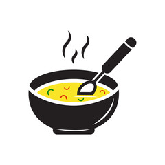 Soup plate with steam vector icon and illustration. Bowl or dishes with spoon icon isolated. Hot vegetable soup icon.