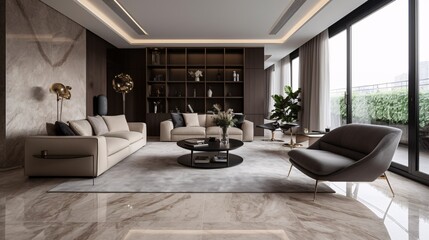 Luxury modern living room with sofa and bookshelf. Marble emperador tiles. LED lights on ceiling molding. Created with generative AI