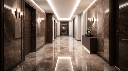 Interior of a luxury modern hotel corridor with marble emperador floor and glowing lights on molding. Created with generative AI