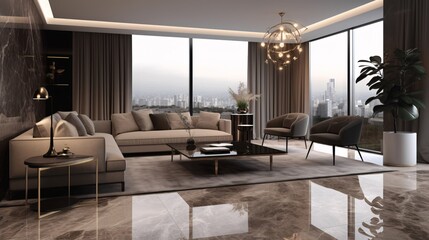 Modern living room interior design. With big windows, led ceilling molding, emperador tiles. big open space, luxury design. Created with generative AI